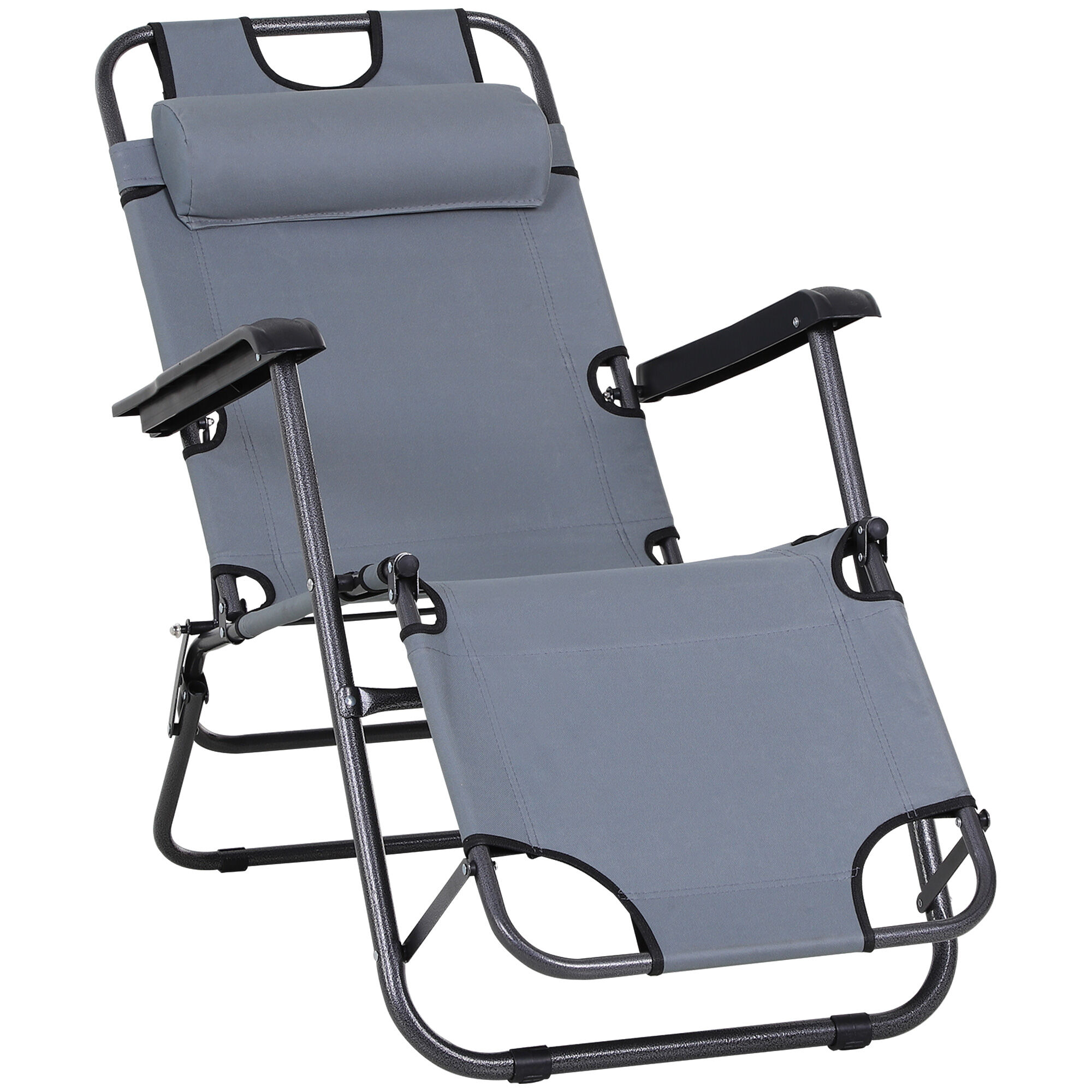 Outsunny Tumbona Reclinable y Plegable Tumbona de Jard&iacute;n con Respaldo Ajustable en 2 Niveles Reposacabezas y Bolsillo Silla Tumbona para Terraza Carga 136 kg 118x60x80 cm Gris, , large Imagen numero 1