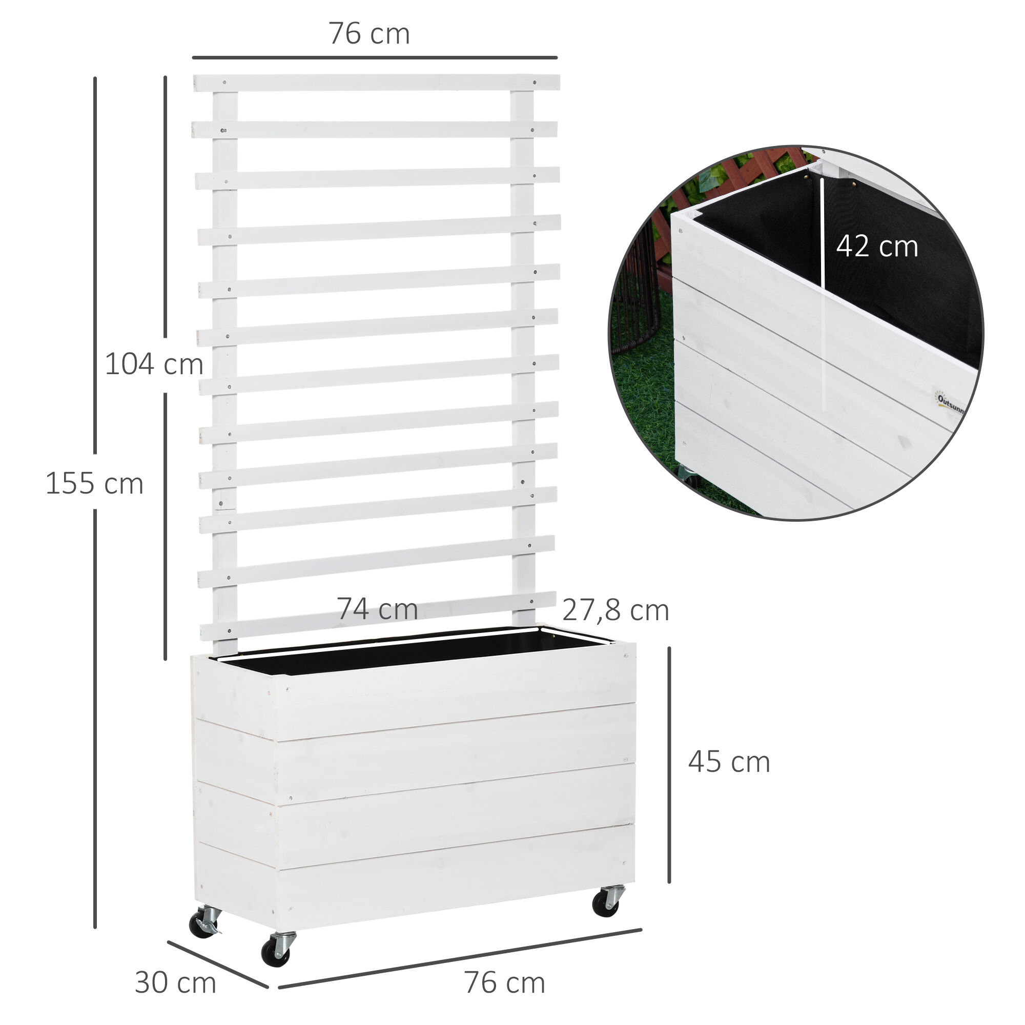 Outsunny Jardinera con Enrejado de Madera Maciza con 4 Ruedas Macetero de Jard&iacute;n con Soporte para Trepadora y Tela Geotextil para Cultivos Plantas Flores 76x30x155 cm Blanco, , large Imagen numero 3