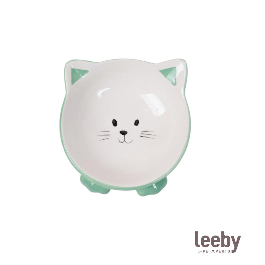 Leeby Comedero de Cer&aacute;mica Blanco y Verde con Orejitas para gatos, , large Imagen numero 2