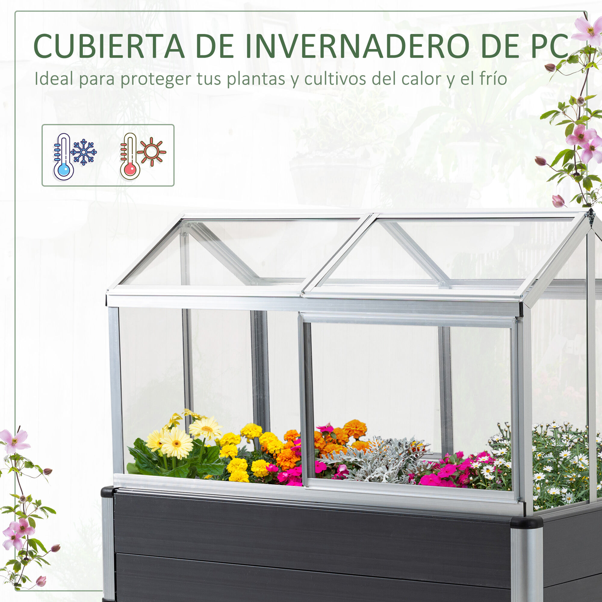Outsunny Huerto Urbano Elevado 113,5x61x128,5 cm con Cubierta de Policarbonato con Techos Abatibles y Ventanas Correderas Marco de Aluminio y PVC para Plantas Flores Gris, , large Imagen numero 5