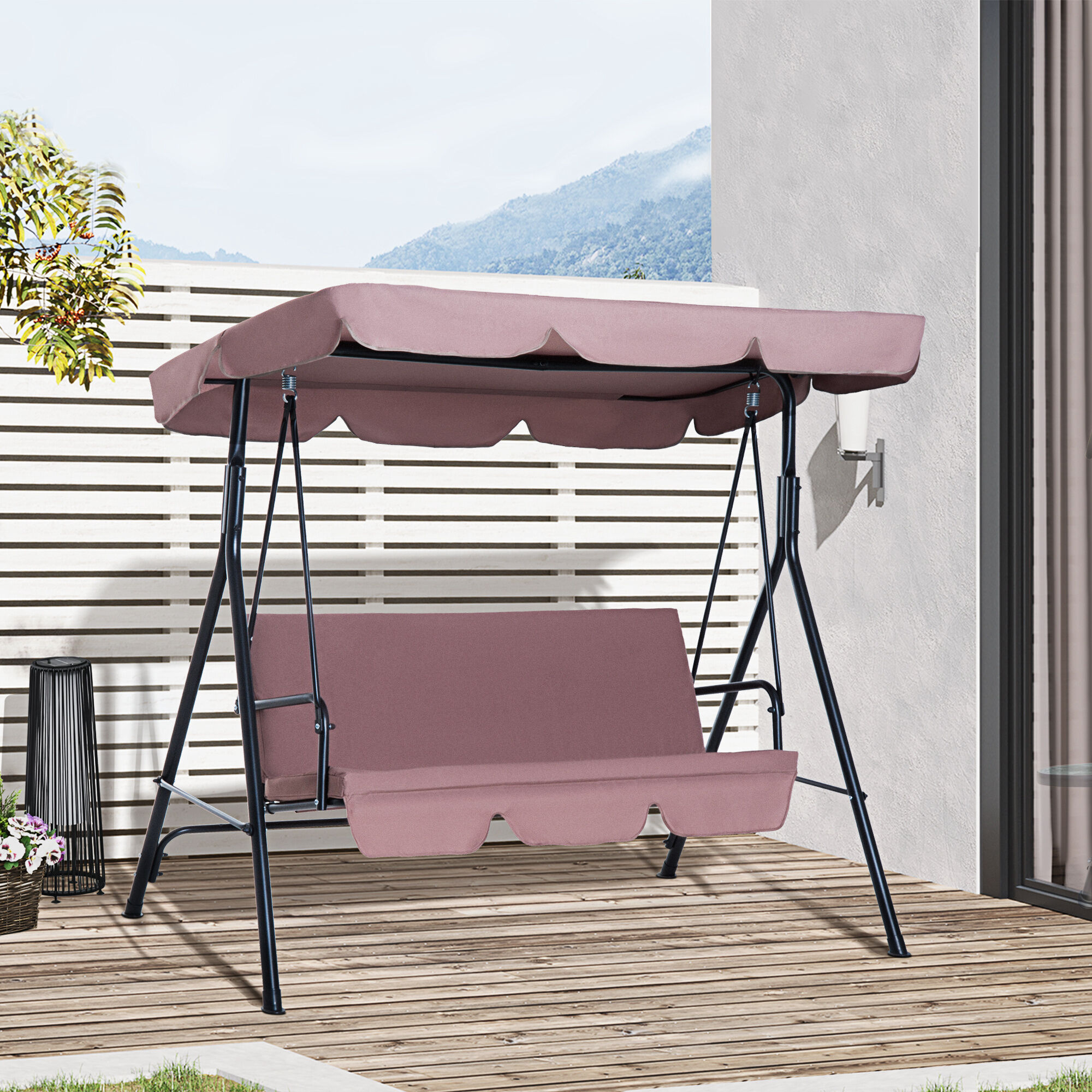 Outsunny Columpio de Jard&iacute;n de 3 Plazas Silla Balanc&iacute;n con Parasol Techo Ajustable en &Aacute;ngulo Impermeable para Exterior Terraza Balc&oacute;n Carga M&aacute;x. 200 kg Acero 172x110x153 cm Marr&oacute;n, , large Imagen numero 2