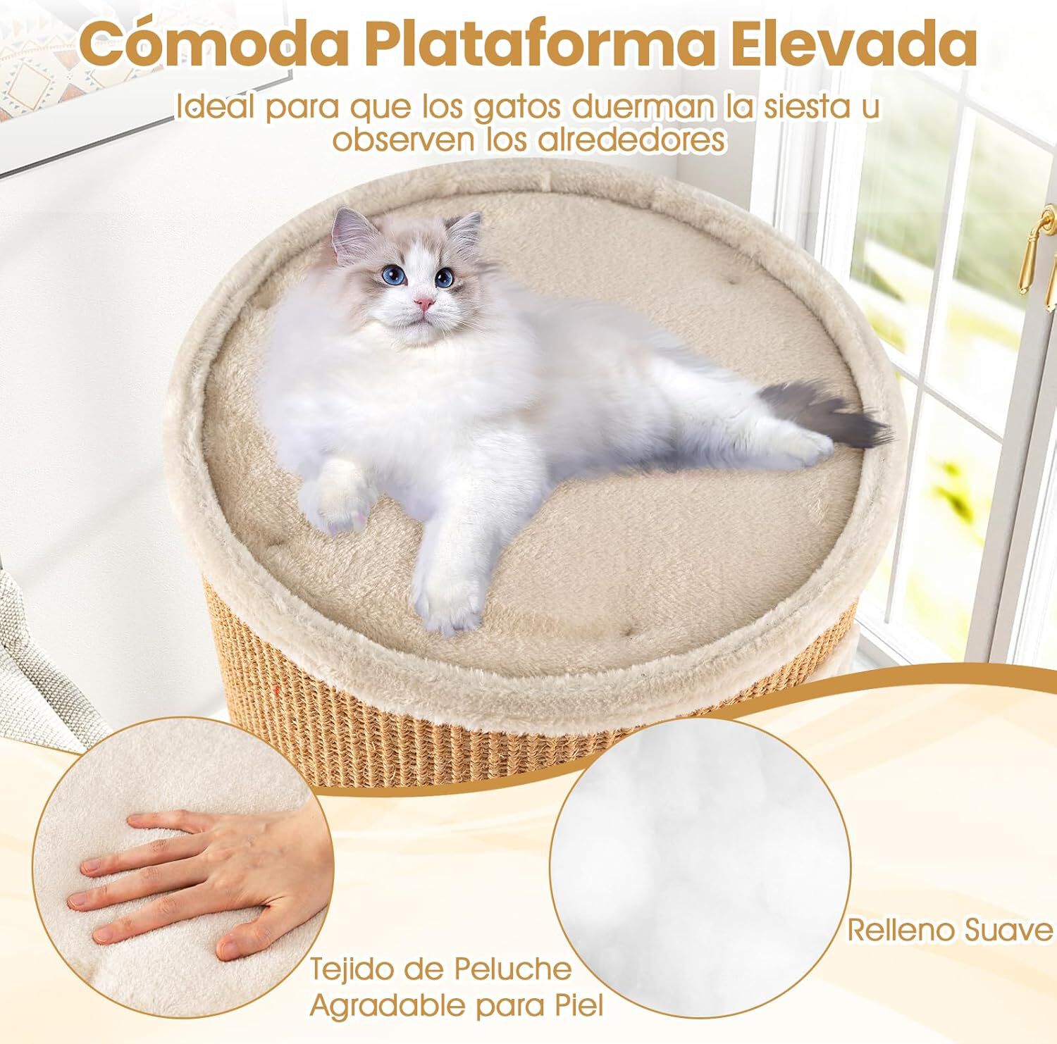 COSTWAY Barril Rascador para Gatos de 3 Niveles, 60 cm Torre Gato Rascador con Almohadilla para Rascar de Sisal, Cama Acolchada, Condominio para Gato Forma Barril, Ideal para Hogares con Varios Gatos, , large Imagen numero 3