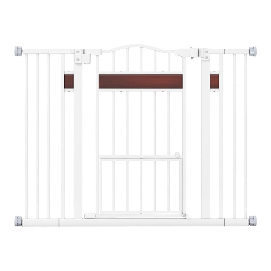 COSTWAY Barrera de Seguridad para Perros, 74-104 x 76 cm Barrera para Mascotas Extensible con Puerta Pequeño, Cierre Automático y Sistema de Doble Bloqueo, Puerta de Seguridad para Niños (Blanco)