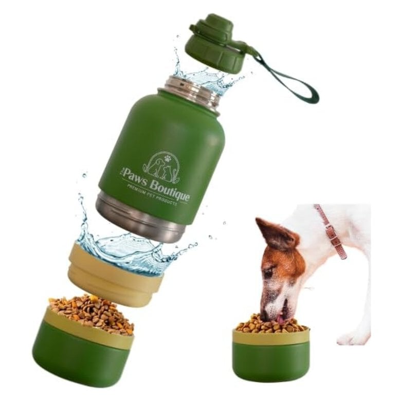 Botella de Agua para Perros 3 en 1: Bebedero Portátil de Acero Inoxidable 950ml, Compartimento para Comida y Cuenco Extra Desmontable – Antifugas, Libre de BPA – Ideal para Viajes y Paseos