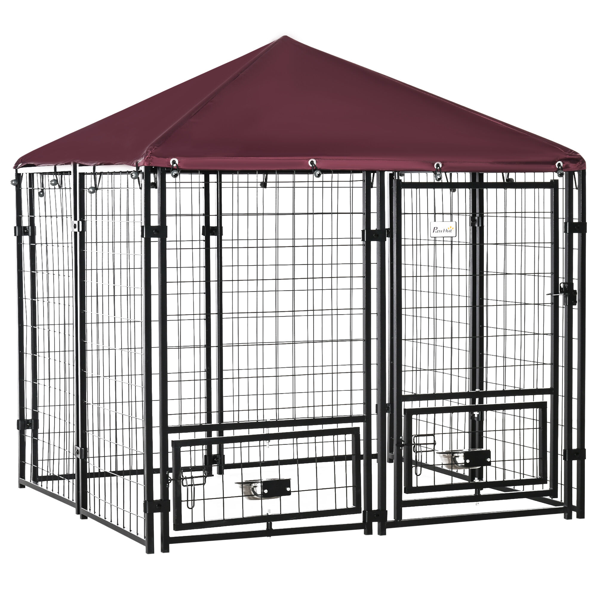 PawHut Perrera de 8 Paneles Parque para Perros Met&aacute;lica de Exterior con 2 Soportes Giratorios para Comida 2 Cuencos y Toldo de Impermeable y Anti-UV 141x141x153 cm Negro y Rojo, , large Imagen numero 1