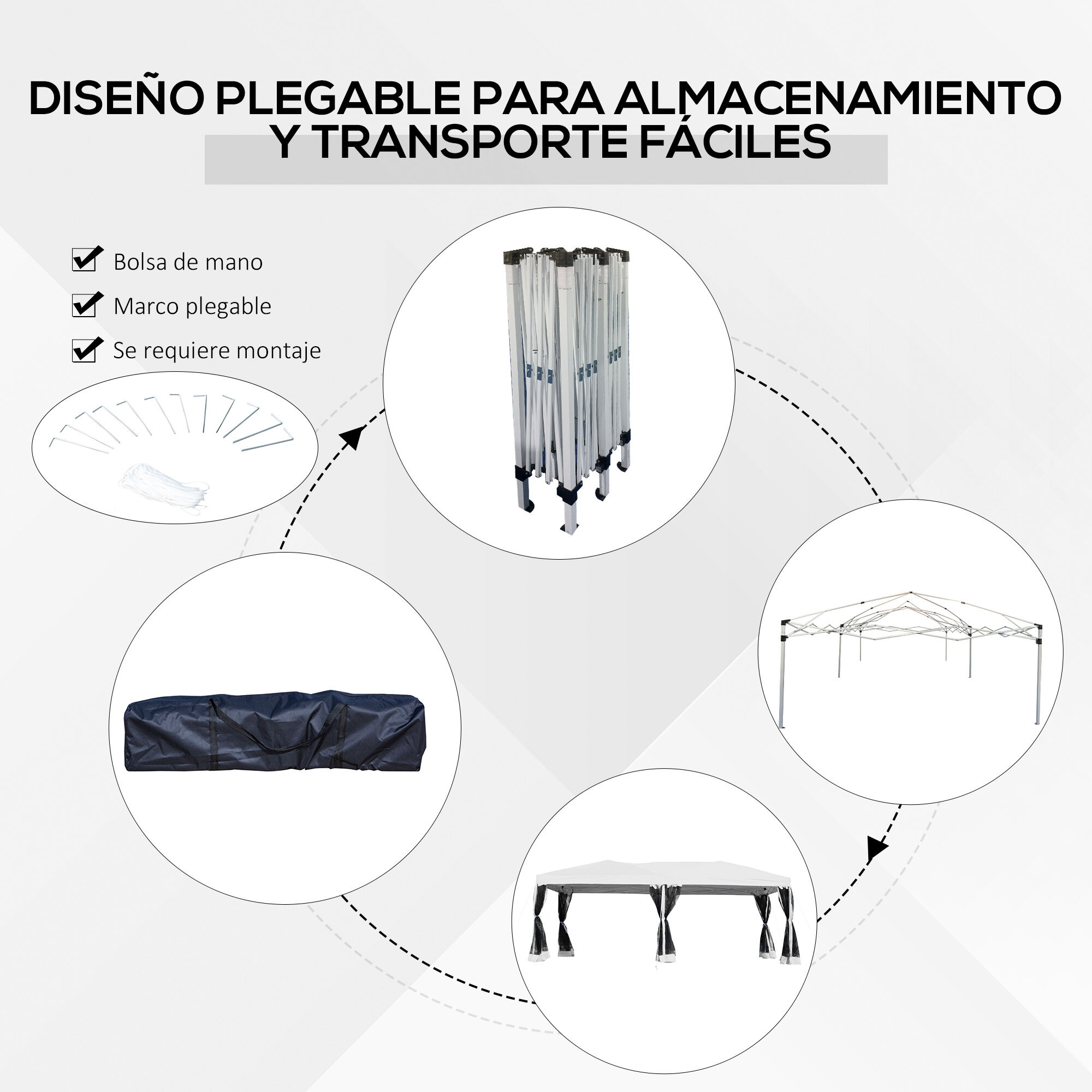 Outsunny Carpa 6x3m Plegable Gazebo para Jard&iacute;n Cenador con 6 Cortinas Mosquitera y Cremallera Bolsa Transporte Montaje F&aacute;cil Acero Tela Oxford Blanco, , large Imagen numero 5