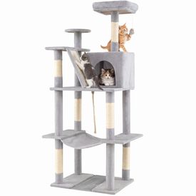 COSTWAY &Aacute;rbol Rascador para Gatos 158 CM, Torre Multinivel con 2 Cuevas Grandes,Hamaca, 3 Postes Rascadores de Sisal, Rampa y Bola Colgante, Torre Rascador de Felpa para Gatos (Gris Claro)