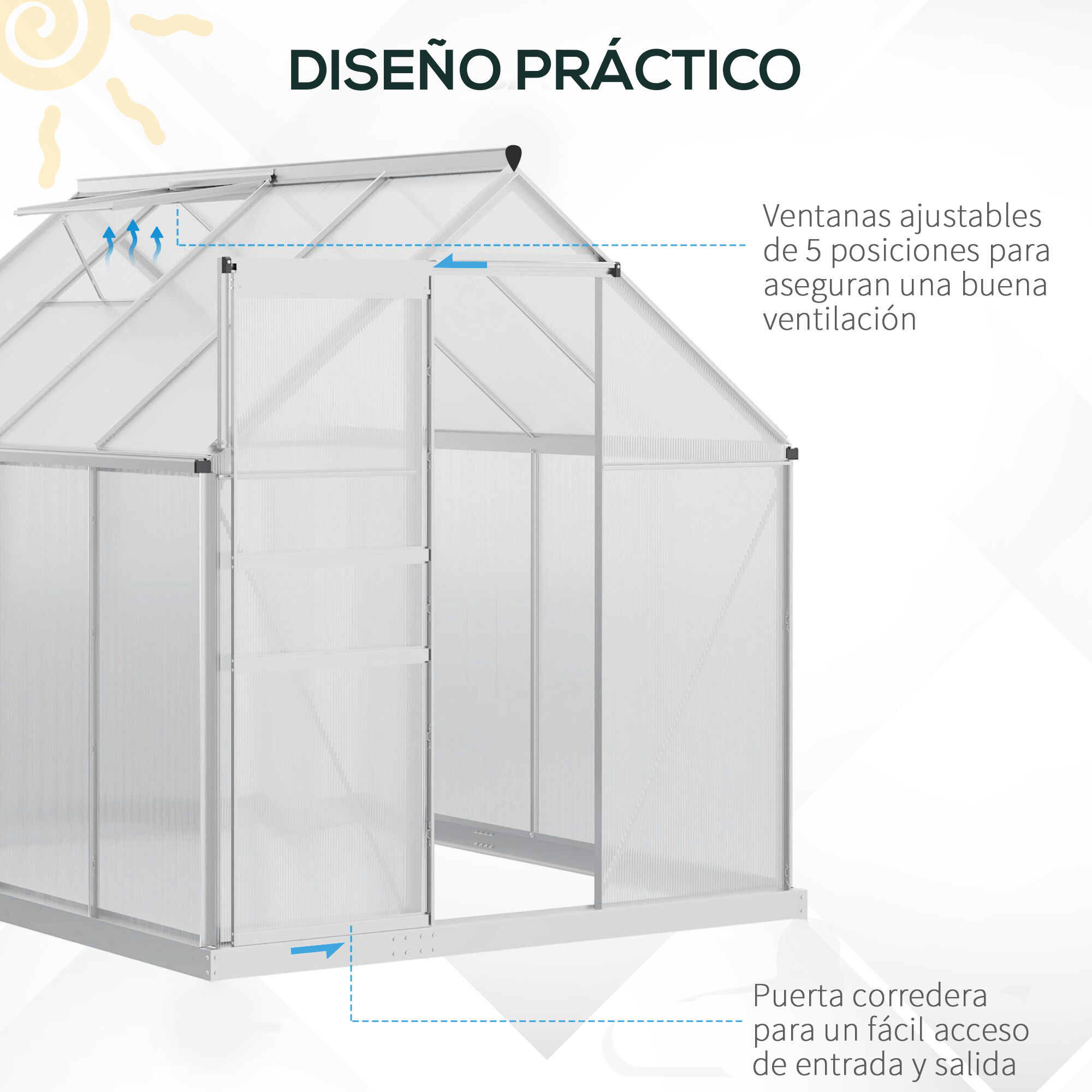 Outsunny Invernadero Policarbonato Aluminio de Jard&iacute;n 190x253x199 cm 4,8m&sup2; Caseta de Exterior con Base Puerta Corredera y Tragaluce para Cultivo Plantas Semillas Transparente, , large Imagen numero 5