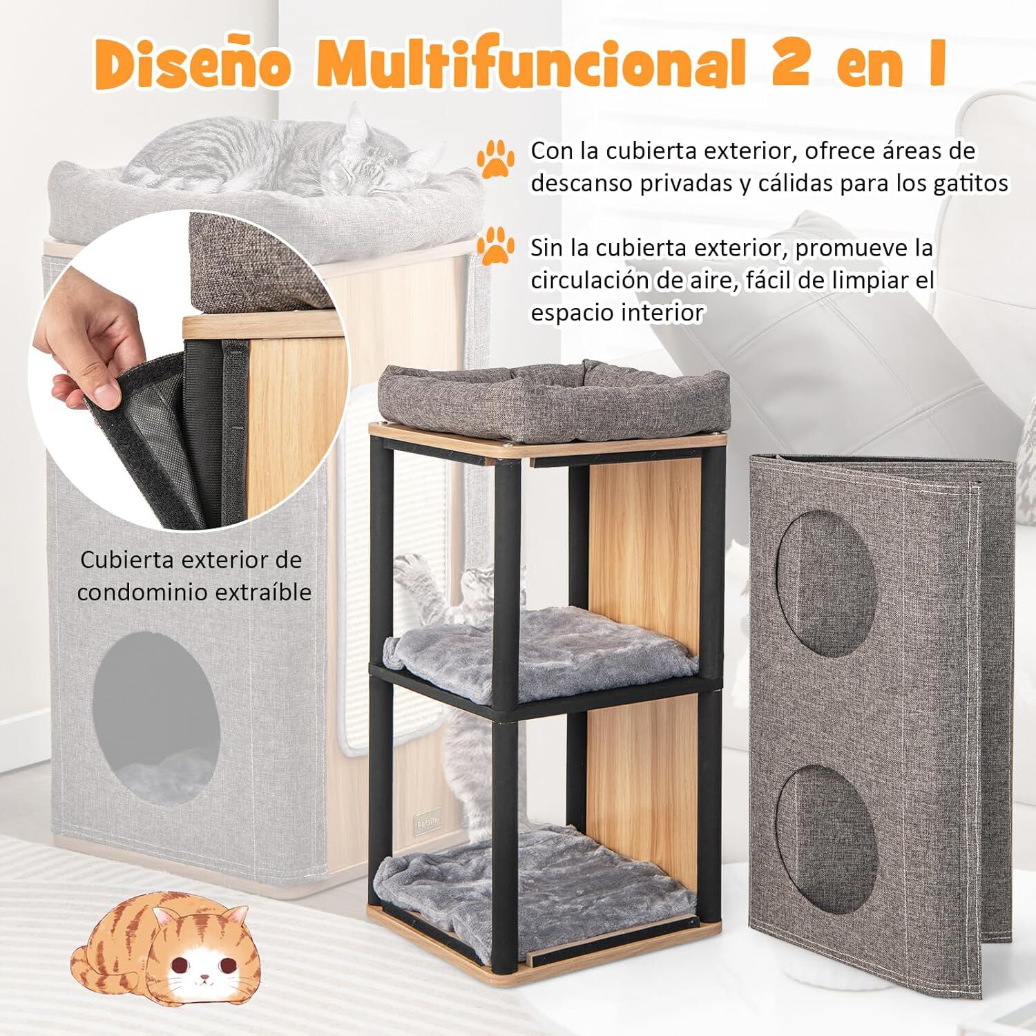 COSTWAY Condominio para Gatos de 3 Pisos, Casa para Gatos con Tabla de Rascar y 2 Entradas, Casa en Forma de Barril para Gatos de Interior, Casa para Gatos de 3 Pisos, 38 x 38 x 77,5 cm, , large Imagen numero 2
