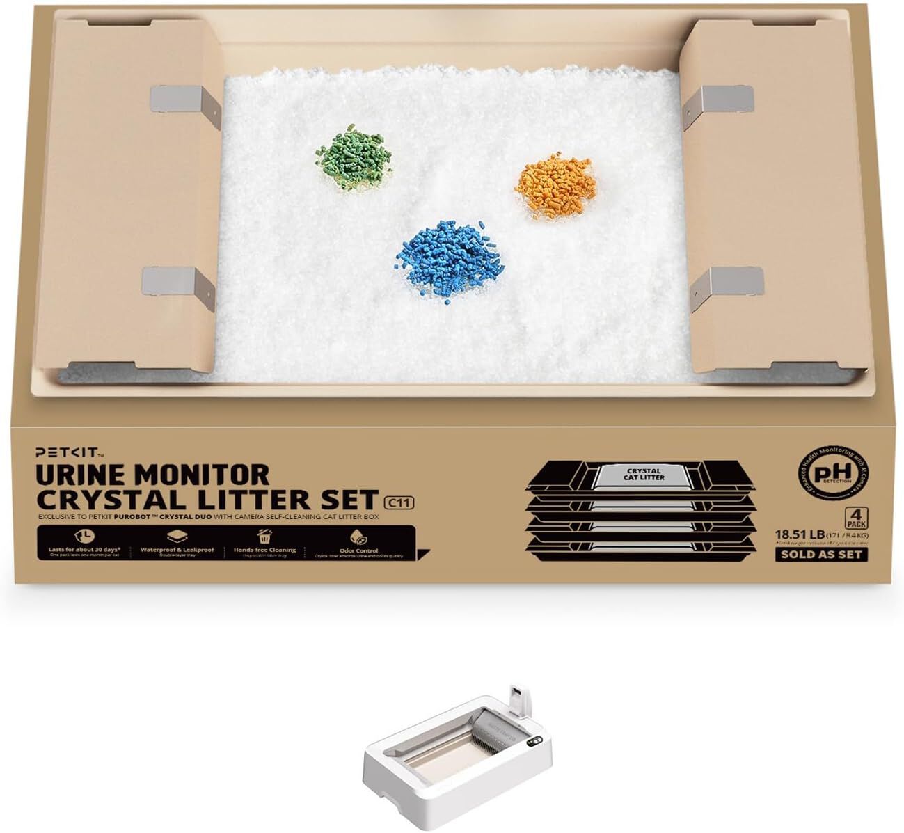 PETKIT Conjunto de arena cristalina con control de pH para gatos, compatible con la bandeja autolimpiante PUROBOT Crystal Duo, sistema de doble recogida de residuos, bandeja reemplazable, control de olores, gran capacidad de absorci&oacute;n, paquete de 4 unidades, , large Imagen numero 1