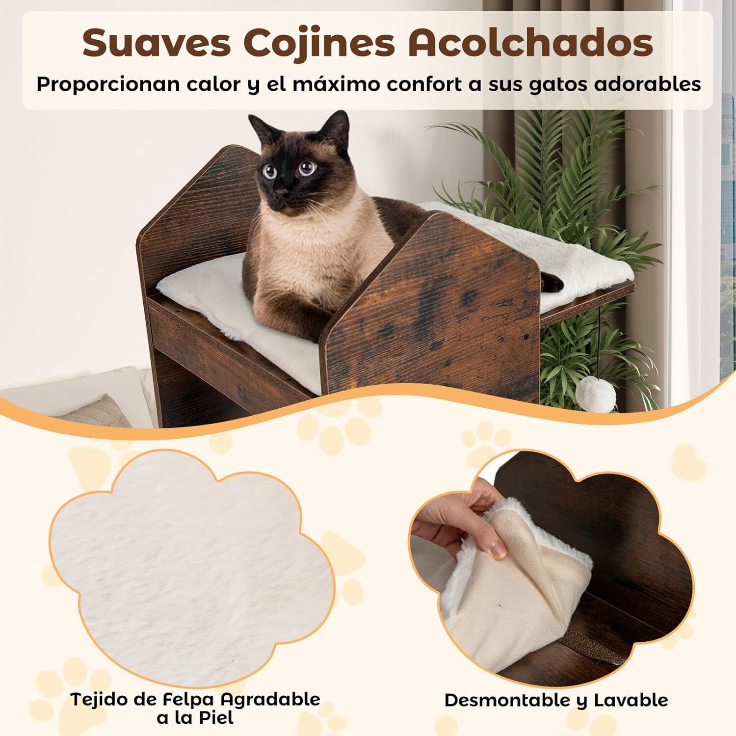COSTWAY 120 cm &Aacute;rbol Rascador para Gato de Madera, Torre Rascador para Gatos con Poste de Sisal, Pelotas Colgantes, Cojines de Peluche Lavables, Mueble Auxiliara Multinivel para Gato, Industrial, , large Imagen numero 3
