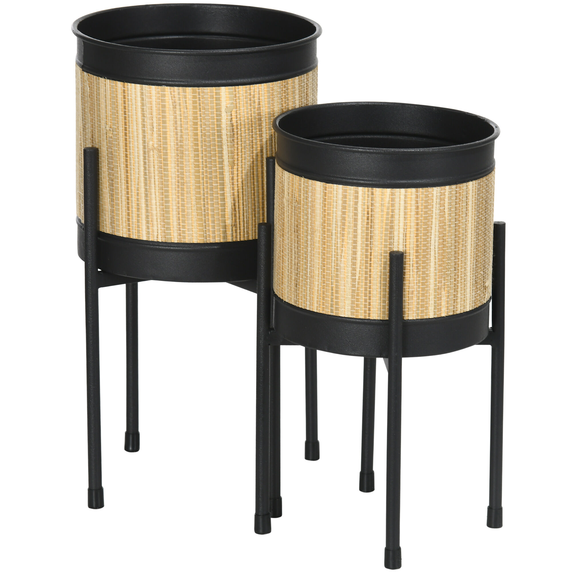 Outsunny Juego de 2 Soportes para Plantas de Metal Cubierta de Totora Soportes para Macetas Maceteros Redondos para Sal&oacute;n Cocina Dormitorio &Oslash;16x30 cm y &Oslash;14x25,5 cm Negro, , large Imagen numero 1