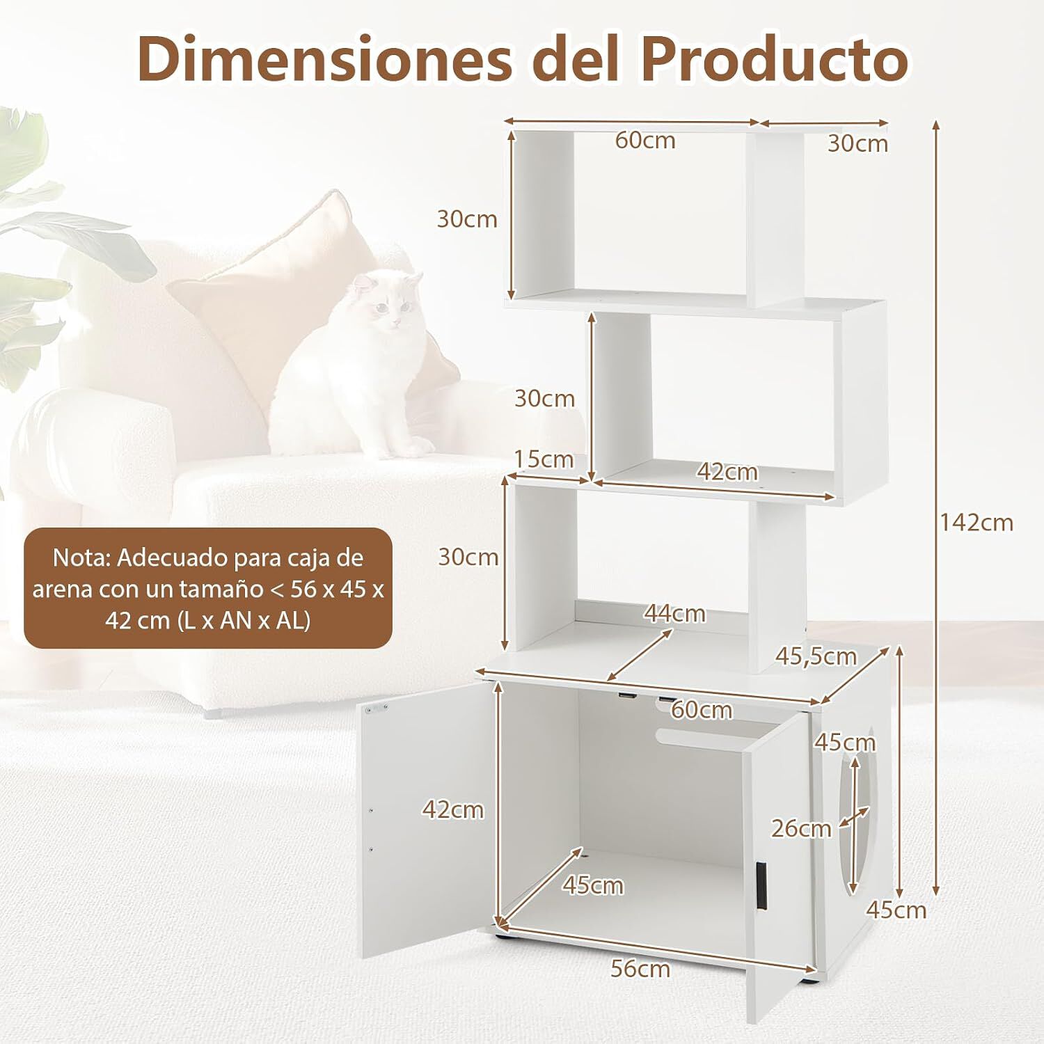 COSTWAY 2 en 1 Caja de Arena para Gatos, Mueble de Ba&ntilde;o Oculto para Gatos con 3 Estantes Abiertos de Almacenaje, con Kit Antivuelco y Almohadilla Ajustable, Casa de Inodoro para Gatos (Blanco), , large Imagen numero 3