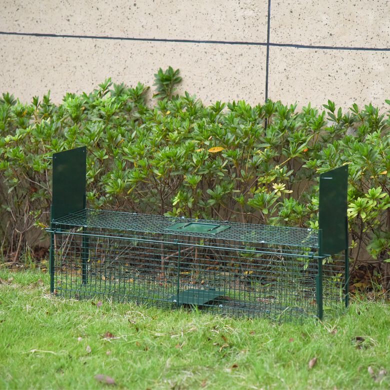 PawHut Trampa para Animales Vivos Jaula de Captura Metálica con 2 Puertas Asa para Conejos Visones Zorros Pequeños 100x25x28 cm Verde Oscuro thumbnail