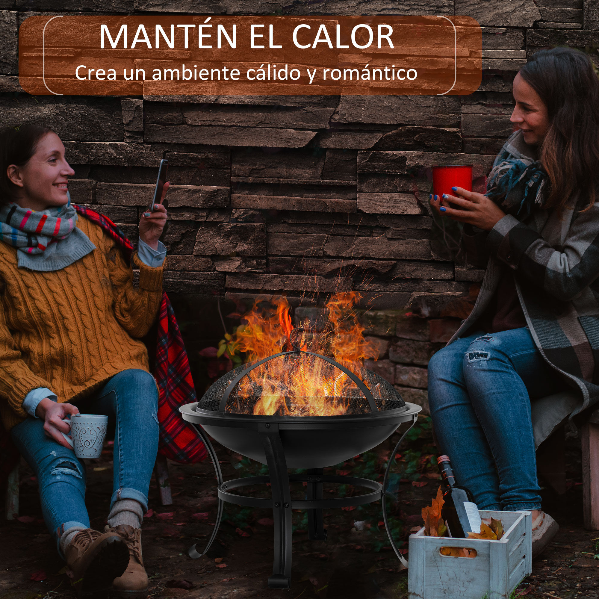 Outsunny Brasero Exterior de Metal &Oslash;56 cm Cuenco de Fuego de Jard&iacute;n con Tapa Protectora contra Chispas y Atizador para Hogueras Le&ntilde;as Terraza Camping Fiestas Negro, , large Imagen numero 4