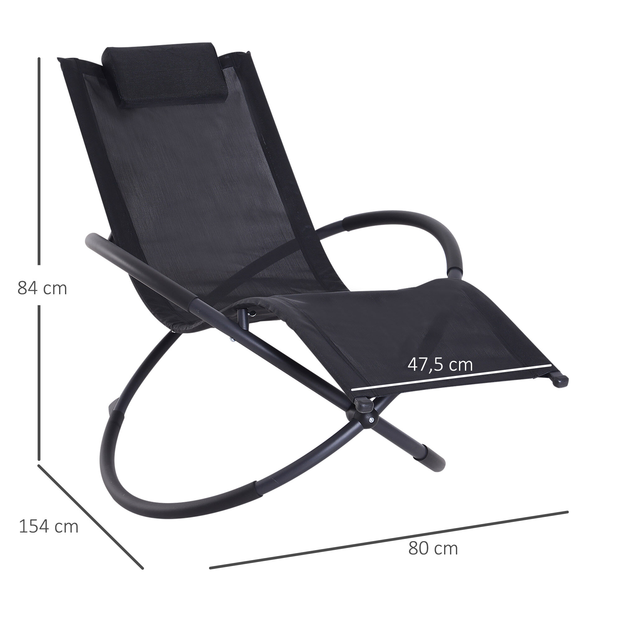 Outsunny Tumbona Mecedora de Jard&iacute;n Plegable con Reposacabezas Extra&iacute;ble Sill&oacute;n Tumbona Ergon&oacute;mica de Exterior Tela de Texteline para Patios Piscina al Aire Libre 154x80x84 cm Negro, , large Imagen numero 3