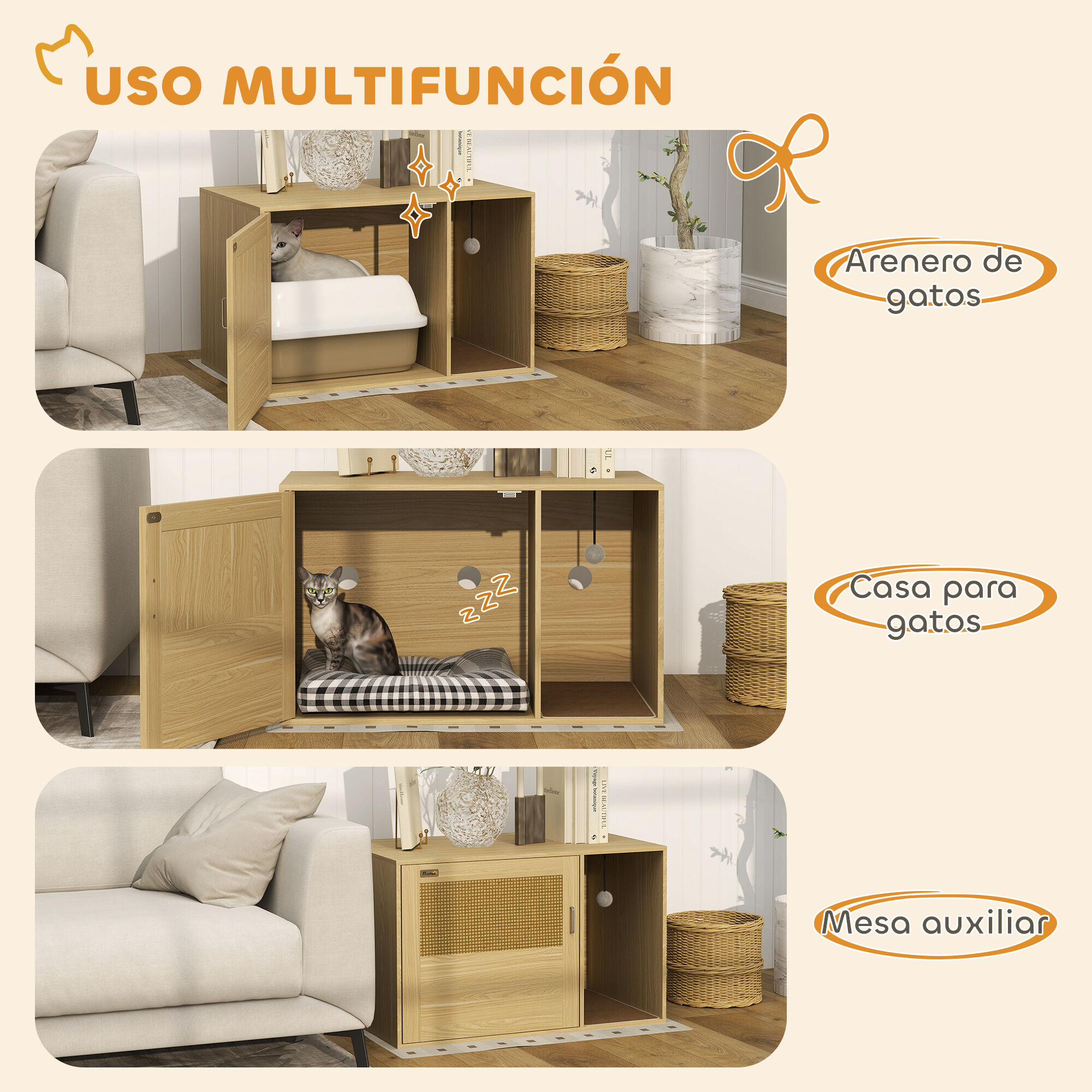 PawHut Mueble Arenero para Gatos, Caja de Arena para Gatos con Almohadilla para Rascar y Puerta de Ratán, Mesa Auxiliar para Salón, Dormitorio, 80x50x50 cm, Roble thumbnail