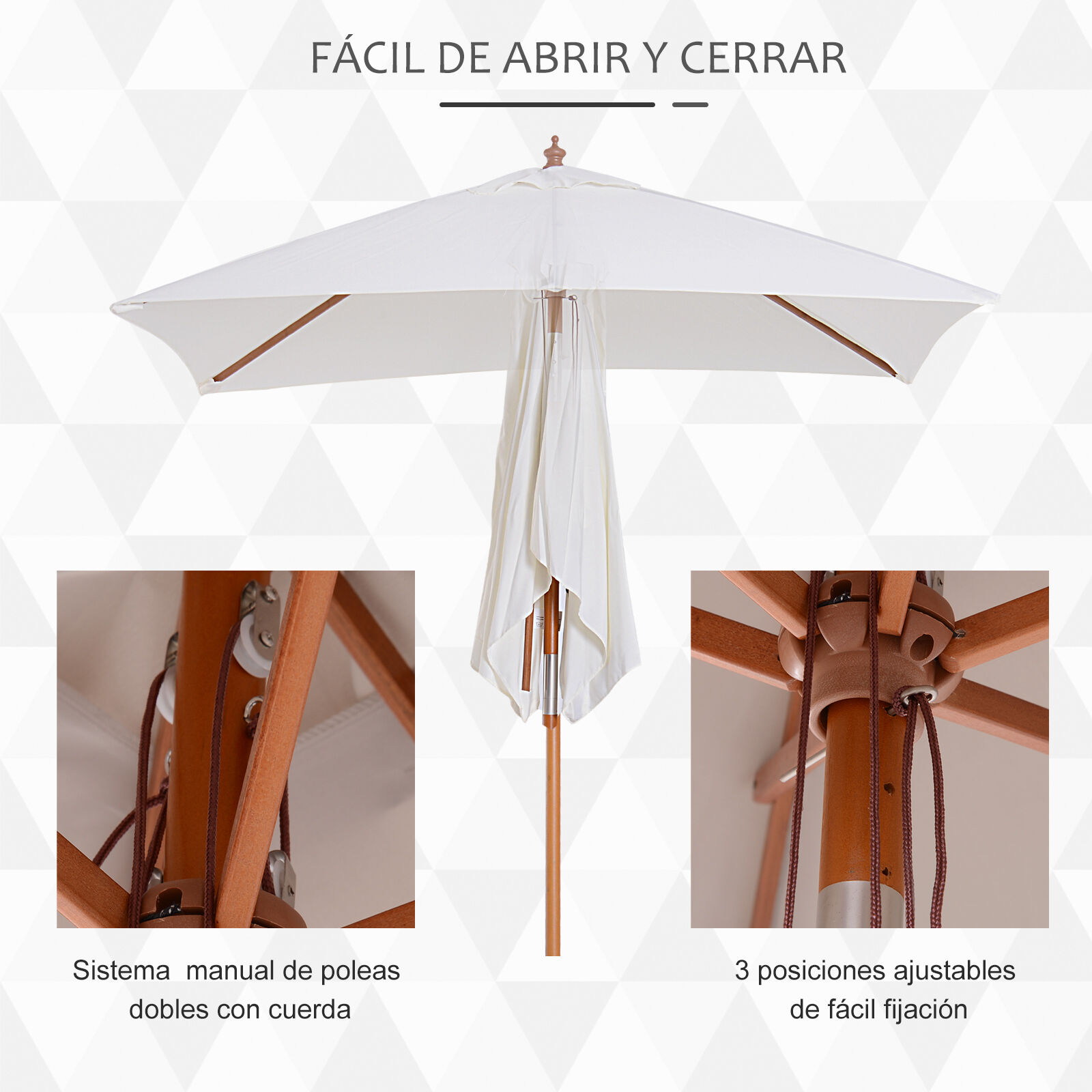 Outsunny Sombrilla de Jard&iacute;n 200x150x235 cm Parasol de Terraza Rectangular Inclinable con Anti-UV Impermeable y Poste de Madera para Playa Patio Crema, , large Imagen numero 5