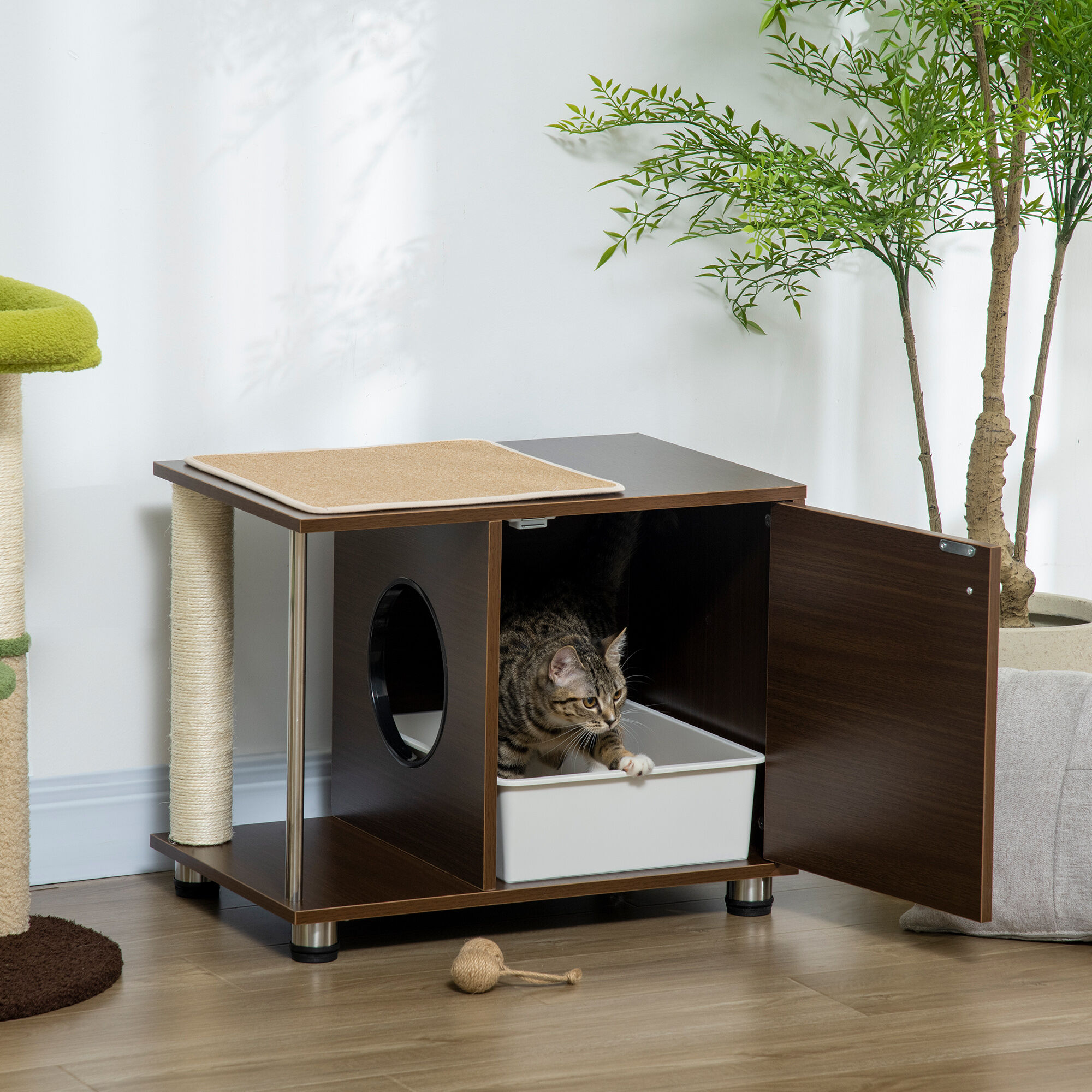 PawHut Mueble Arenero para Gatos Mesa Auxiliar con Coj&iacute;n, , large Imagen numero 3