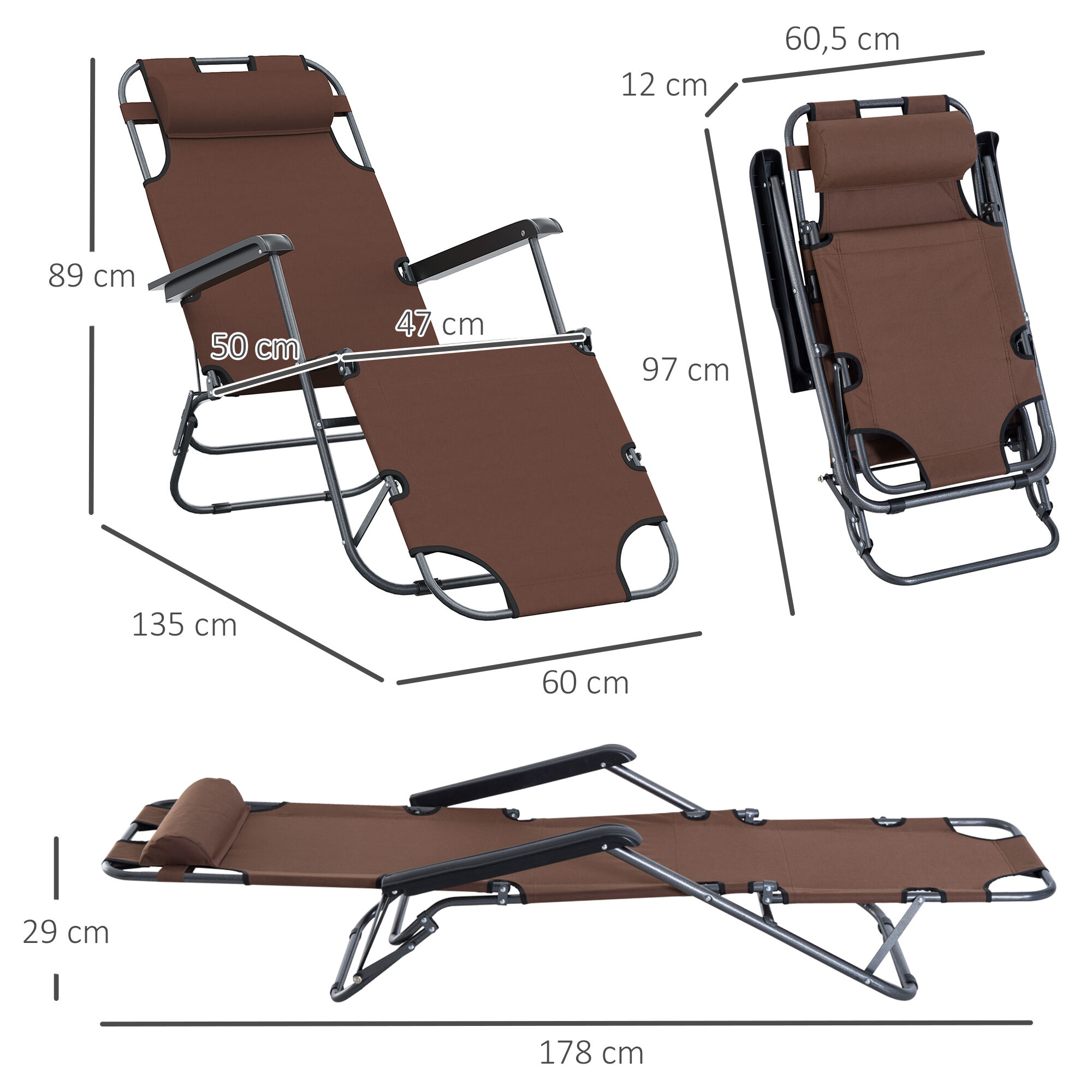 Outsunny Tumbona Reclinable y Plegable Silla de Playa Tumbona Relax Plegable con Respaldo Ajustable Reposabrazos Almohada y Reposapi&eacute;s para Jard&iacute;n Balc&oacute;n Carga 136 kg 135x60x89 cm Marr&oacute;n, , large Imagen numero 3