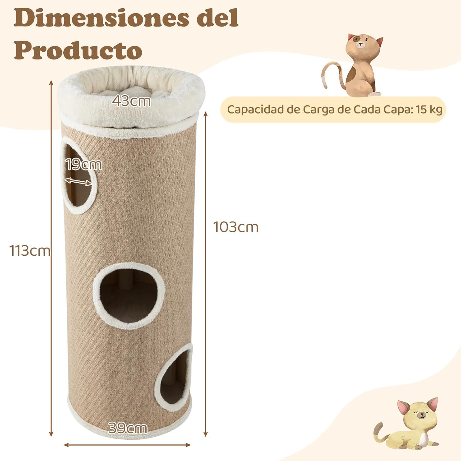 COSTWAY Barril Rascador de 4 Niveles, Poste rascador para Gatos para M&uacute;ltiples Gatos con Cama de Percha Removible, Tablero Rascador de Sisal, Estera de Bamb&uacute; para Gato de Interior (De Yute), , large Imagen numero 5