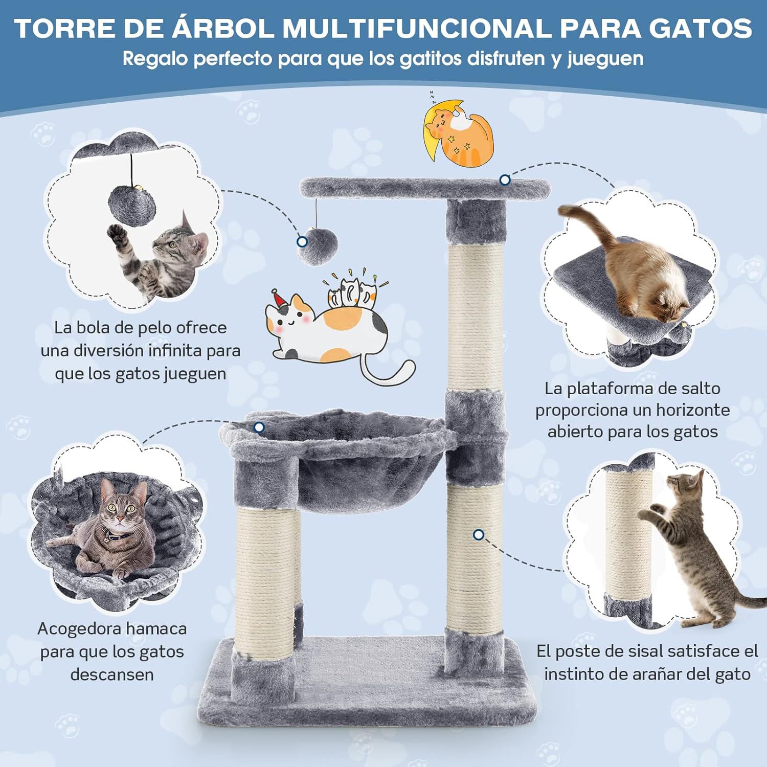 COSTWAY Árbol Rascador Gris con Hamaca y Postes de Sisal para Gatos thumbnail