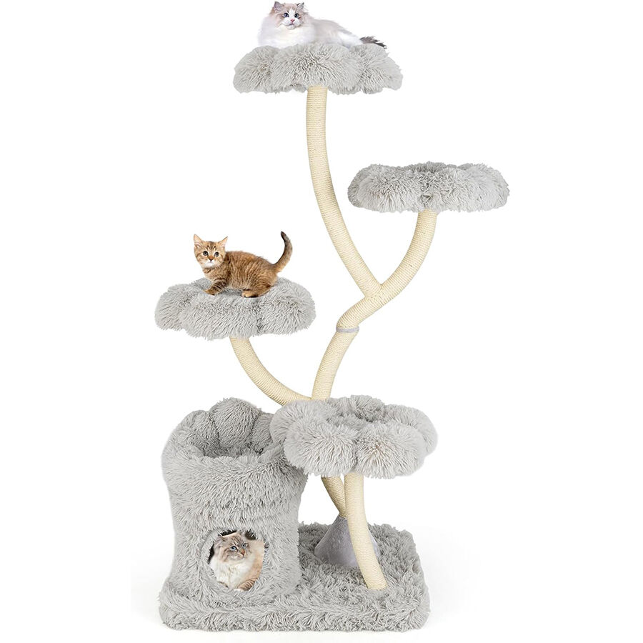 COSTWAY Árbol Rascador para Gatos, Árbol para Gatos Multinivel con 4 Plataformas en Forma de Flor, Postes de Rascado de Sisal, Condominio Privado, Mueble de Escalada para Gatos de Interior (Gris) thumbnail