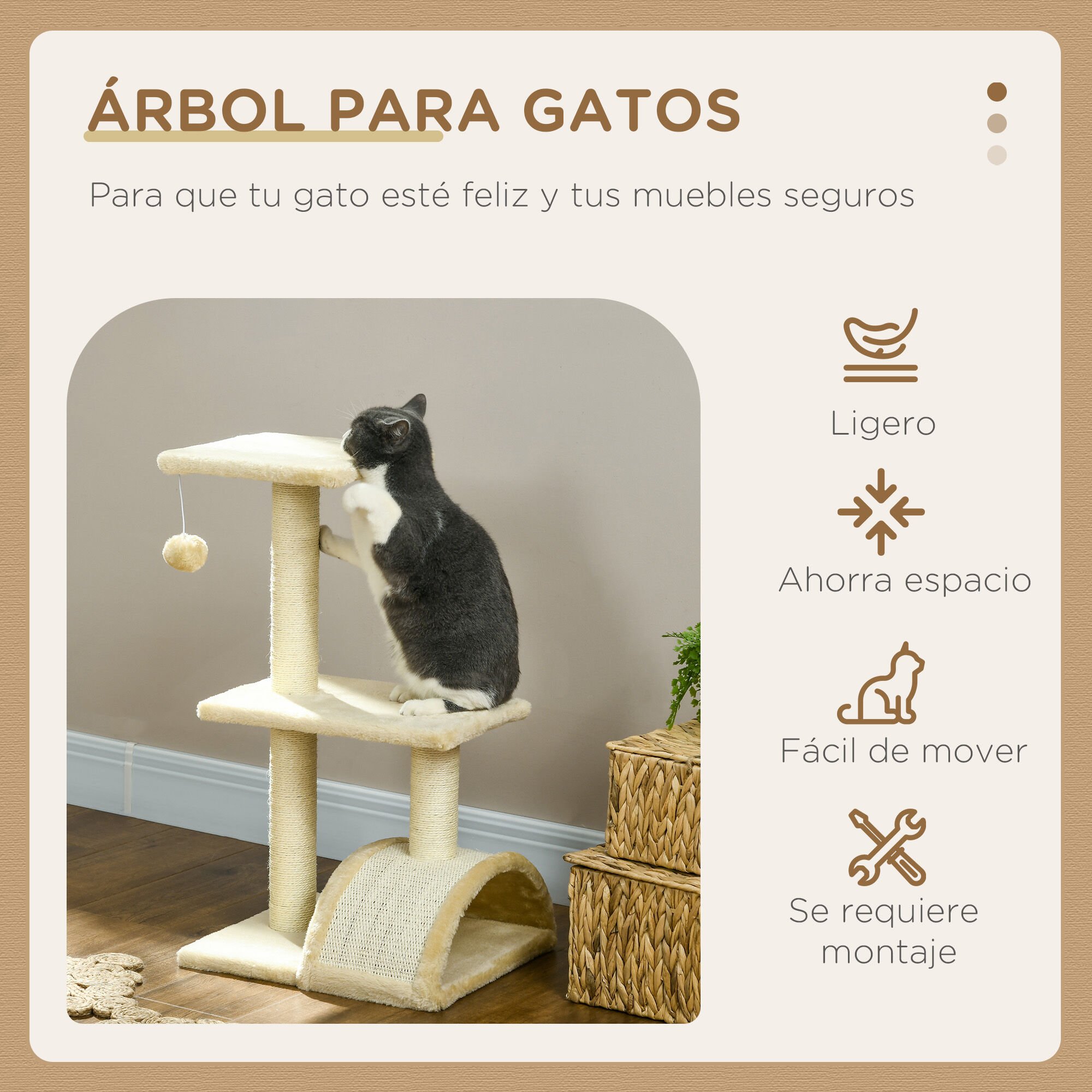 PawHut &Aacute;rbol Rascador para Gatos Mediano &Aacute;rbol para Gatos de 3 Niveles Torre para Gatos con Postes de Sisal Tablero para Rascar y Bola Colgante Crema, , large Imagen numero 4