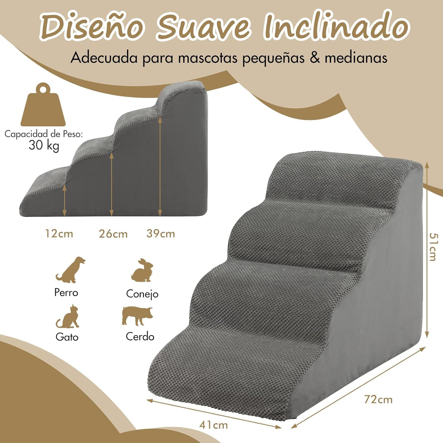 COSTWAY Rampa para Perros de Espuma de 4 Niveles, Escalera para Mascotas con Funda Lavable, Escala para Perros con Huellas de Silicona, Pelda&ntilde;os Antideslizantes para Perros para Sof&aacute;s Altos, , large Imagen numero 5