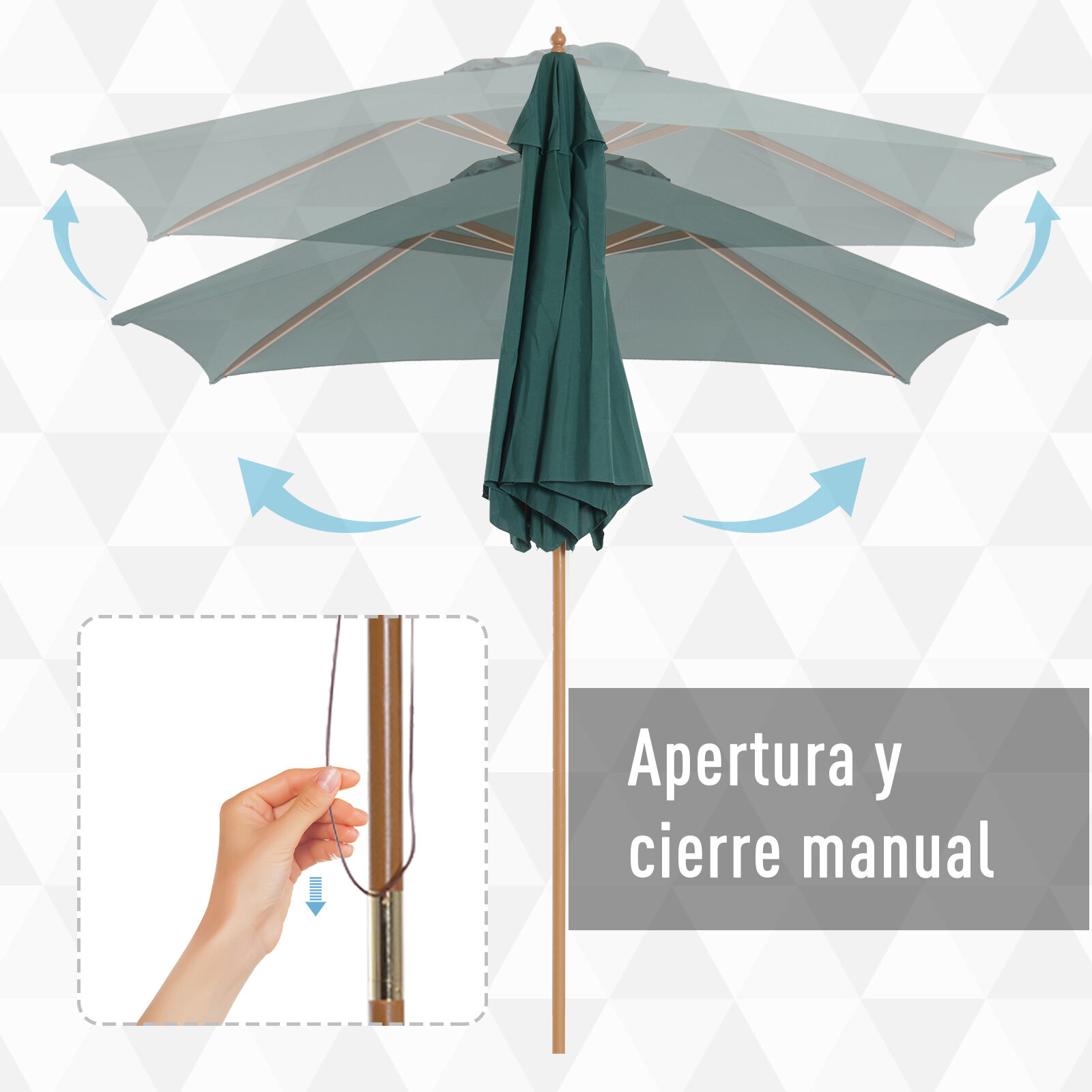 Outsunny Sombrilla de Jard&iacute;n &Oslash;250x230 cm Parasol de Terraza con 6 Varillas Poste Desmontable Anti-UV Impermeable y Marco de Madera para Playa Patio Verde, , large Imagen numero 5