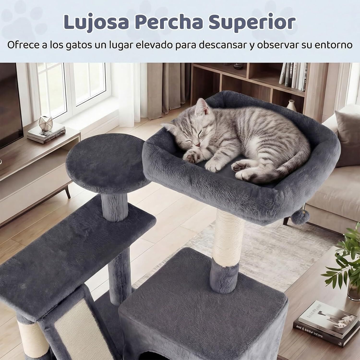 COSTWAY &Aacute;rbol Rascador para Gatos 158 CM, Torre Multinivel con 2 Cuevas Grandes,Hamaca, 3 Postes Rascadores de Sisal, Rampa y Bola Colgante, Torre Rascador de Felpa para Gatos (Gris Oscuro), , large Imagen numero 3