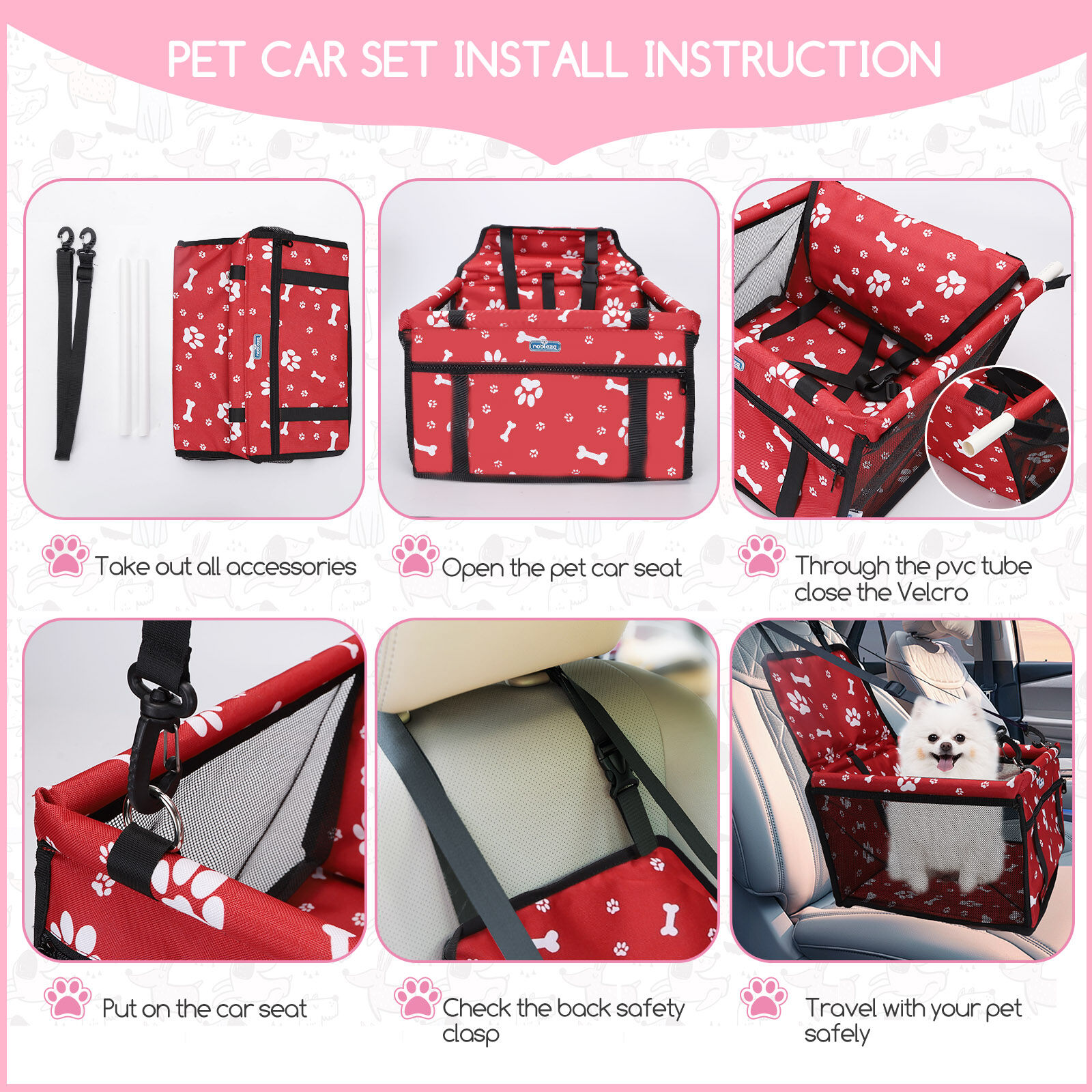 Nobleza - Refuerzo de Coche para Perros, Asiento del Coche de Seguridad para Mascotas Perro Gato Plegable Lavable Viaje Bolsas y Otra Mascota Peque&ntilde;a con Cremallera Bolsillo, 40 * 34 * 25 cm, Rojo, , large Imagen numero 5