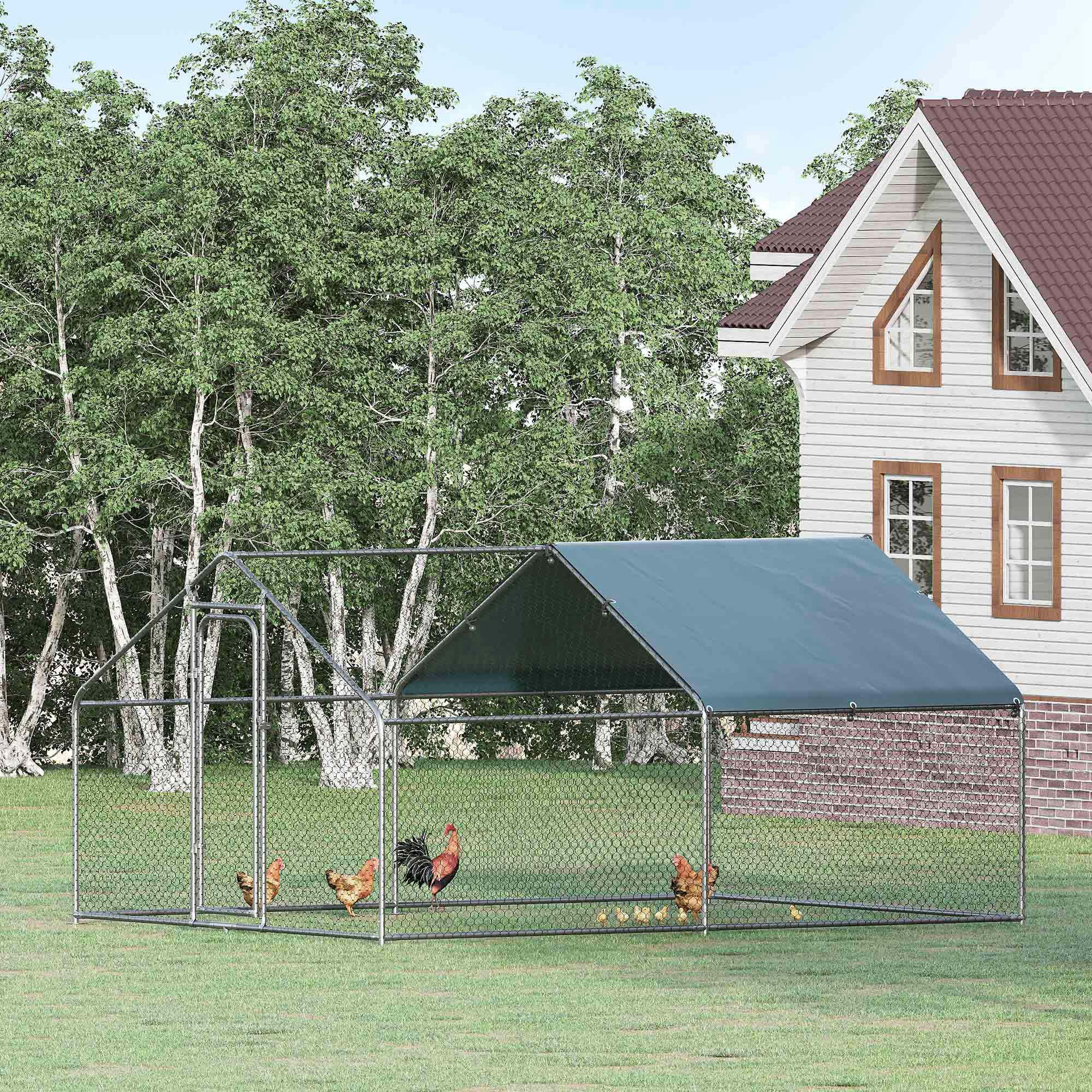 PawHut Gallinero Exterior Grande de Metal Galvanizado 3x4x1,95 m Jaula de Aves con Puerta Cubierta de Tela Oxford Resistente a los Rayos UV y al Agua para Patio Plata, , large Imagen numero 2