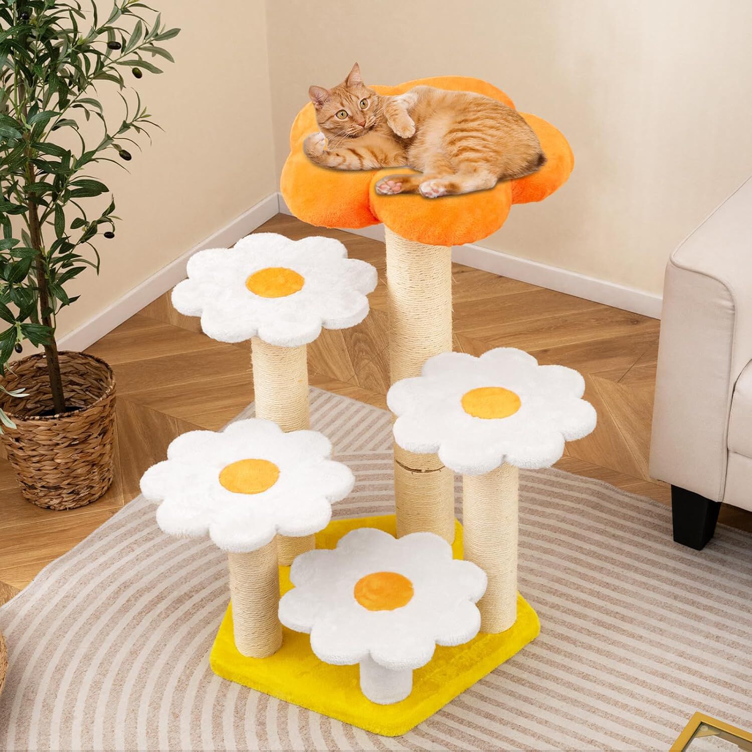 COSTWAY &Aacute;rbol para Gatos en Forma de Flores, Altura 90 cm, &Aacute;rbol Rascador para Gatos con Cama de Felpa, 4 Postes de Rascado de Sisal, 5 Plataformas a Varios Niveles, Torre Gato para Saltar, Dormir, , large Imagen numero 2