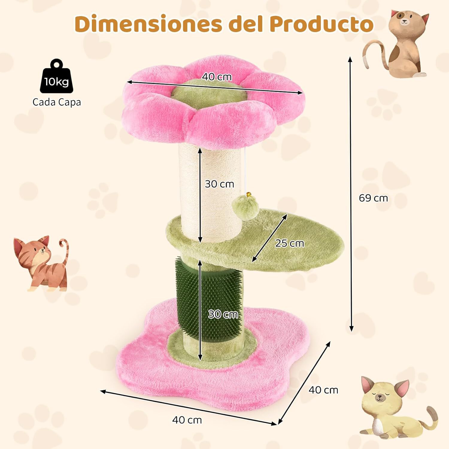 COSTWAY &Aacute;rbol Rascador para Gatos 60cm, Dise&ntilde;o Flores, Torre Peque&ntilde;a para Gatitos con Cama Acolchada de Tela Plush, Poste Rascador de Sisal, Bola Colgante, &Aacute;rbol Pequ&ntilde;o para Gatos, Interior (Rosa), , large Imagen numero 5