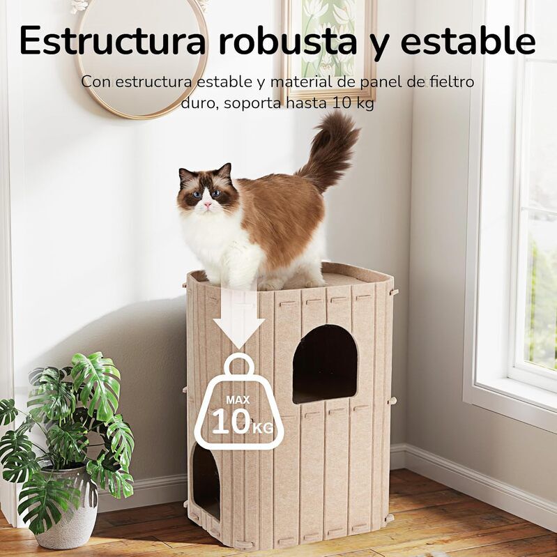 Fukumaru Cueva para Gatos de 2 Pisos en Color Beige | Casa Multinivel para Varios Gatos, de Lana Natural, Dise&ntilde;o Moderno, Estable, Plegable y F&aacute;cil de Limpiar, , large Imagen numero 5