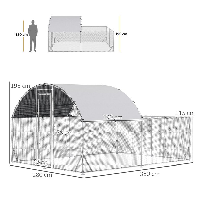 PawHut Gallinero Exterior Grande 380x280x195 cm Jaula para 10-12 Gallinas de Acero Galvanizado con 2 Pisos Cubierta de Tejado Puerta Corral para Pollos Conejos Patos Plata, , large image number null