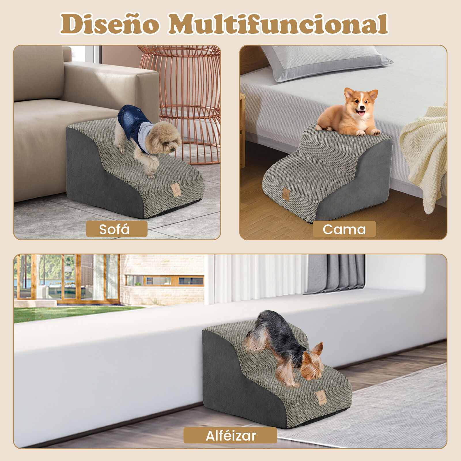 COSTWAY Rampa para Perros de Espuma, Escalera Suave para Mascotas de 2 Niveles con Funda Lavable, Pasos para Perros en Pendiente para Sof&aacute; (Gris), , large Imagen numero 5