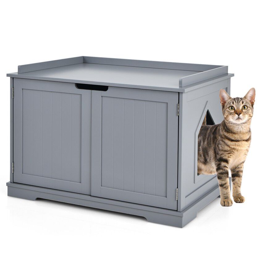 COSTWAY Casita para Gatos, Arenero para Gatos, Casita para Mascotas, Casa para Gatos, Recinto con Hoyo para Gatos, Caja para Animales con Estructura de Madera Resistente (Gris), , large Imagen numero 1