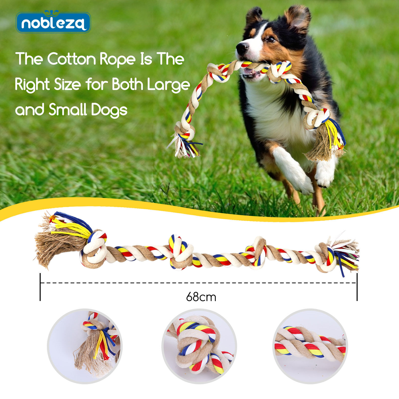 Nobleza - Cuerda de juguete para perros 100% algod&oacute;n, beneficiosa para la salud mental del perro, la salud dental y la limpieza de los dientes, el mejor regalo para todo tipo de perros, beige y marr&oacute;n - 68cm, , large Imagen numero 3