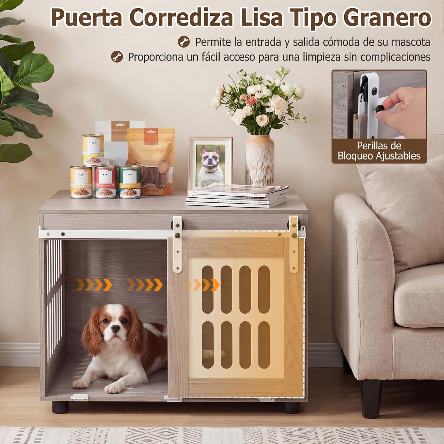 COSTWAY Jaula para Perros con Mesa Auxliar, Casa para Perros Interior con Puerta Corrediza, Mueble Jaula para Mascotas Medianas y Grandes, Capacidad hasta 30 kg, 80 x 56 x 62,5 cm, Gris, , large Imagen numero 4