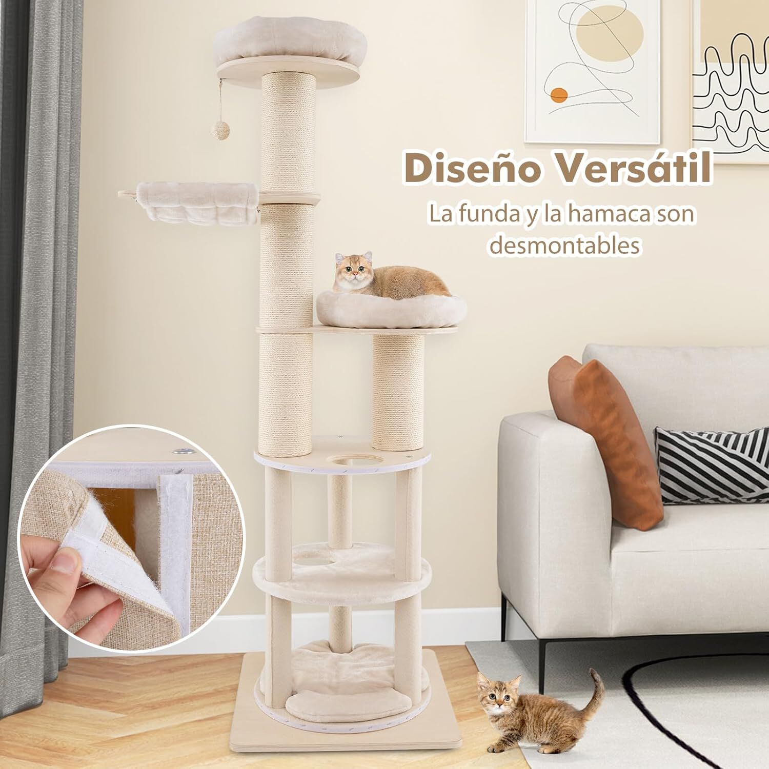 COSTWAY &Aacute;rbol para Gatos de Altura 187 cm, Rascador para Gatos de Madera con 2 Plataformas, 1 Cueva, 1 Hamaca, Postes Rascadores de Sisal y Cojines Lavables, Torre para Gatos, Natural, , large Imagen numero 4