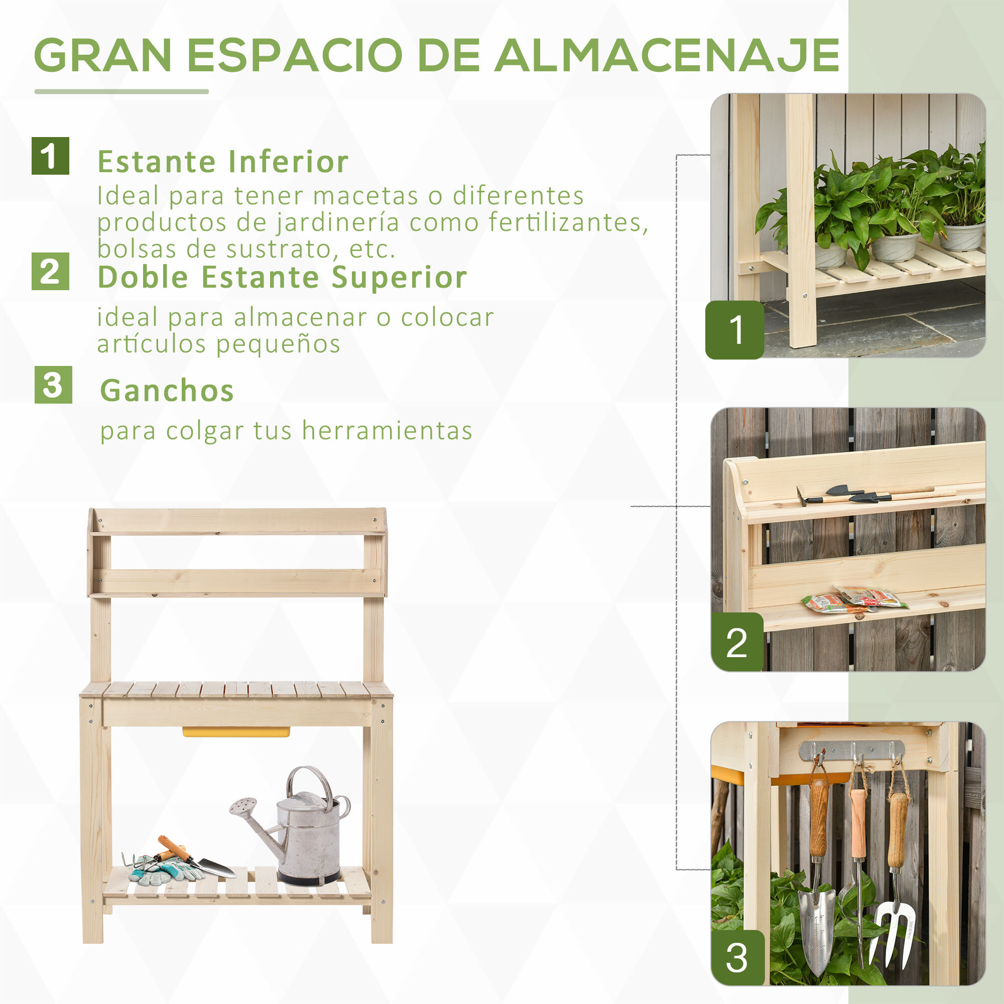 Outsunny Mesa de Plantaci&oacute;n de Madera Mesa para Macetas Mesa de Trabajo con Tablero Deslizante 3 Estantes Ganchos Jard&iacute;n Patio Garaje 100x40x140 cm Natural, , large Imagen numero 4