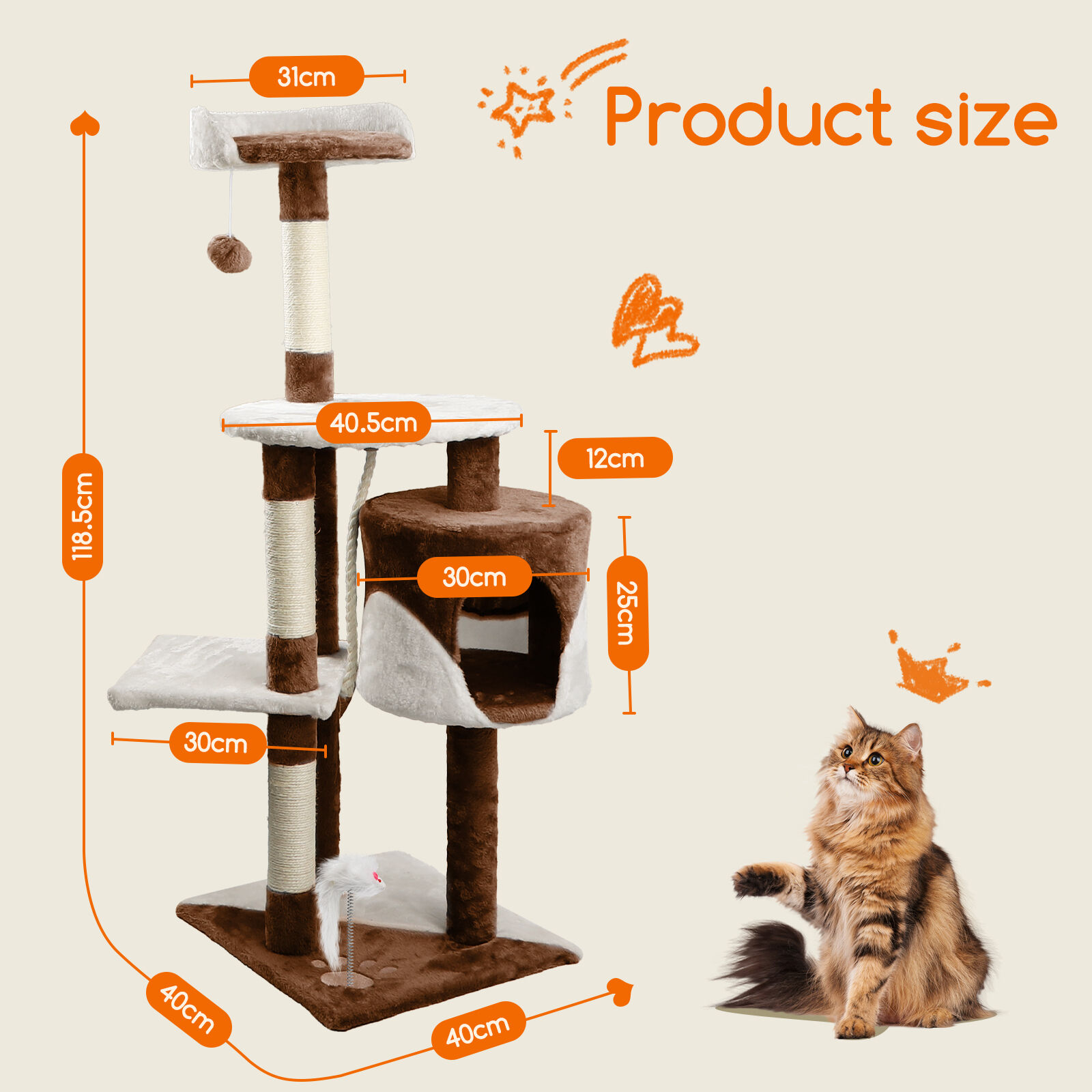 Nobleza Rascador para gatos, Altura 118.5 cm, &Aacute;rbol Estable para Gatos, 4 Plataformas, 1 Cueva, 1 Pomp&oacute;n, 1 Peluche, Marr&oacute;n, , large Imagen numero 4