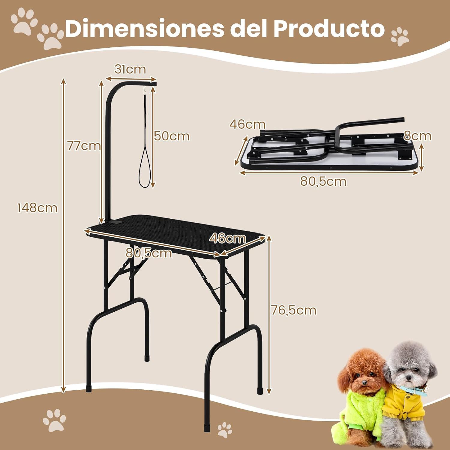 COSTWAY Mesa de Aseo para Mascotas, Mesa Plegable con Brazo Ajustable en Altura y Lazo, Superficie Antideslizante e Impermeable, Ideal para Perros y Gatos Peque&ntilde;os y Medianos, Negro, , large Imagen numero 5