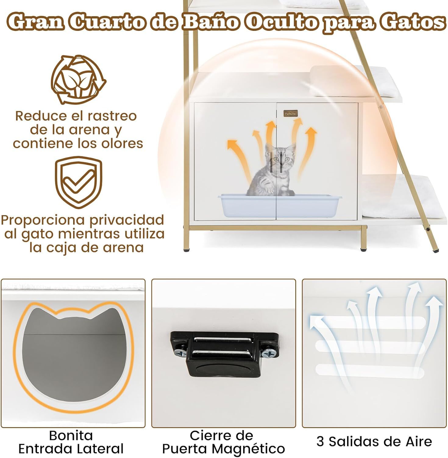 COSTWAY Caja de Arena para Gatos, Mueble de Ba&ntilde;o Oculto para Gatos con Escalera de 5 Niveles, 5 Alfombrillas Extra&iacute;bles y Entrada Lateral, Estante Esquinero Alto, 92,5 x 49 x 149 cm (Blanco), , large Imagen numero 3