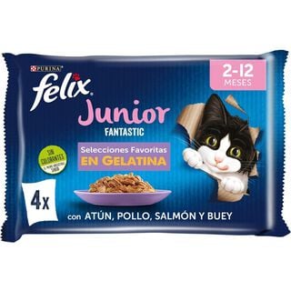 Felix Junior Fantastic Carne y Pescado en Gelatina sobre para gatos