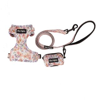 Petite Mafalda Pack Arnés + Correa + Porta Bolsas con Estampado de Flores rosas para perros