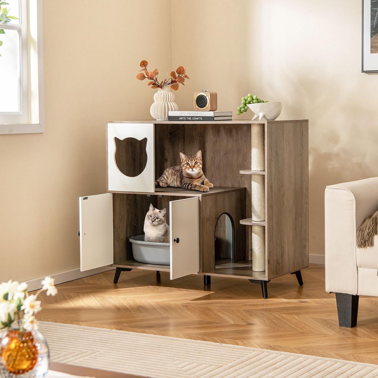 COSTWAY Mueble Arenero para Gatos con 3 Postes Rascadores de Sisal, Condominio para Gatos, Mueble para Caja de Arena 5 en 1 con Ba&ntilde;o Oculto para Gato, Carga 30 kg, Gris y Blanco, , large Imagen numero 2