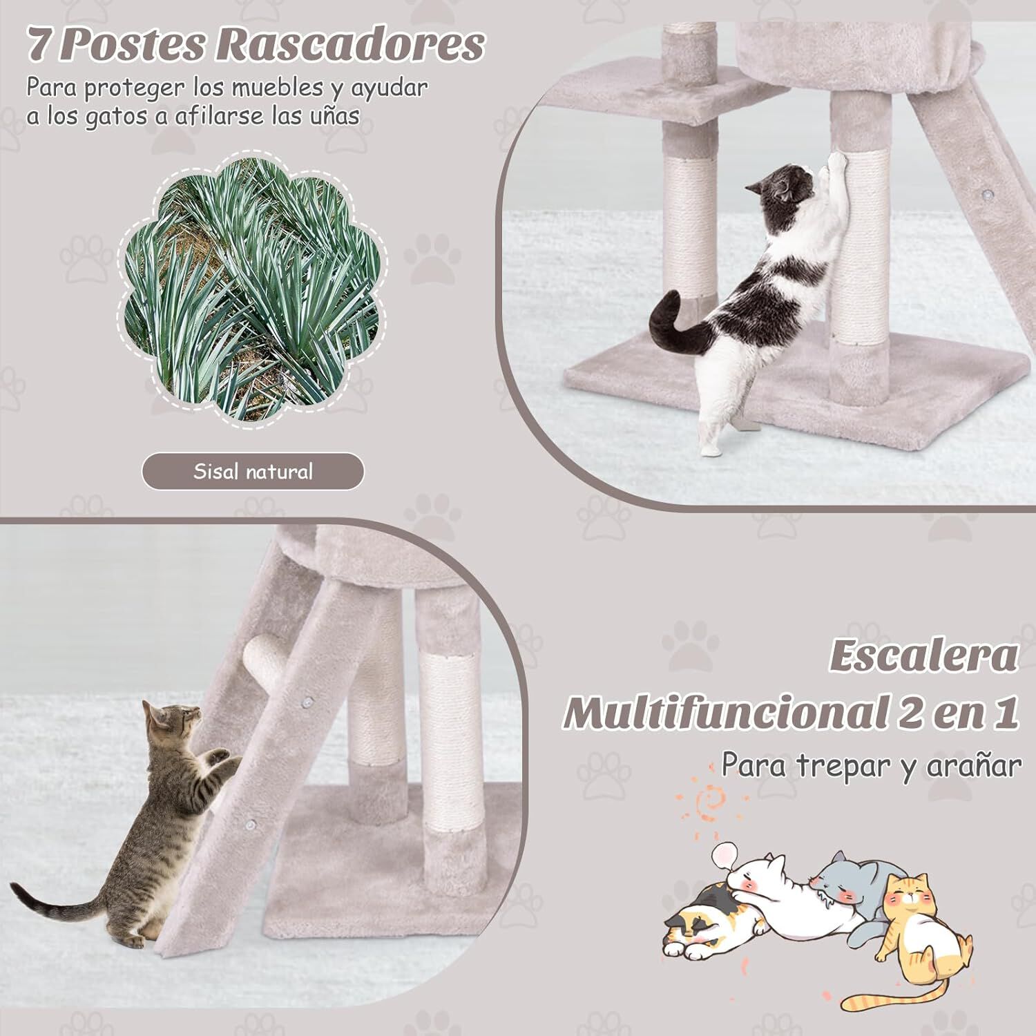 COSTWAY Árbol Rascado para Gatos de 140 cm de Altura, Torre Multinivel para Gatos con Postes de Sisal, Plataformas, Nido, Hamaca, Escalera y Bola, Centro de Actividades para Gatos de Interior, Beige thumbnail